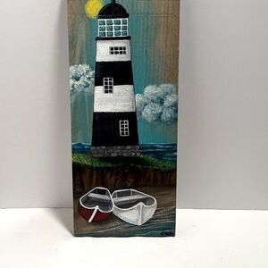 Hand Painted Coastal Lighthouse and Boats Wooden Art